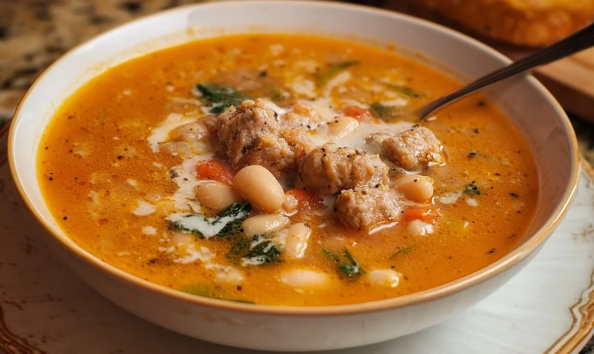 Delicious bowl of hearty Italian sausage and white bean soup