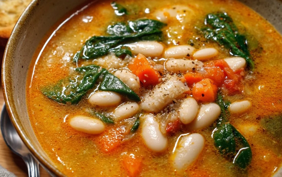 Bowl of hearty Tuscan white bean soup garnished with fresh herbs and spices.