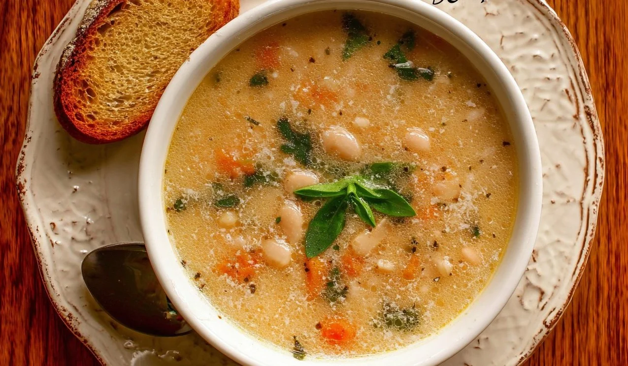 Bowl of hearty white bean soup garnished with herbs and vegetables