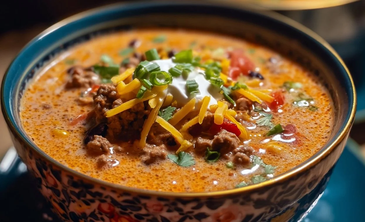 Bowl of creamy high protein taco soup with toppings