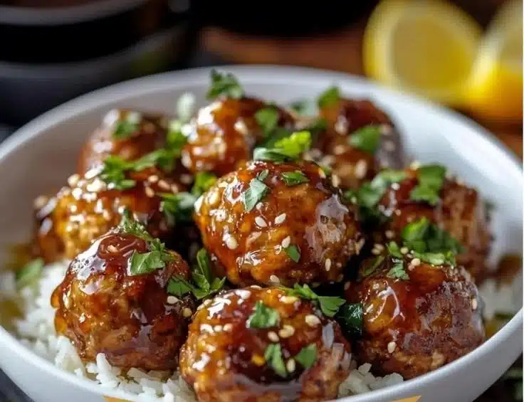 Honey garlic turkey meatballs served with garnishes