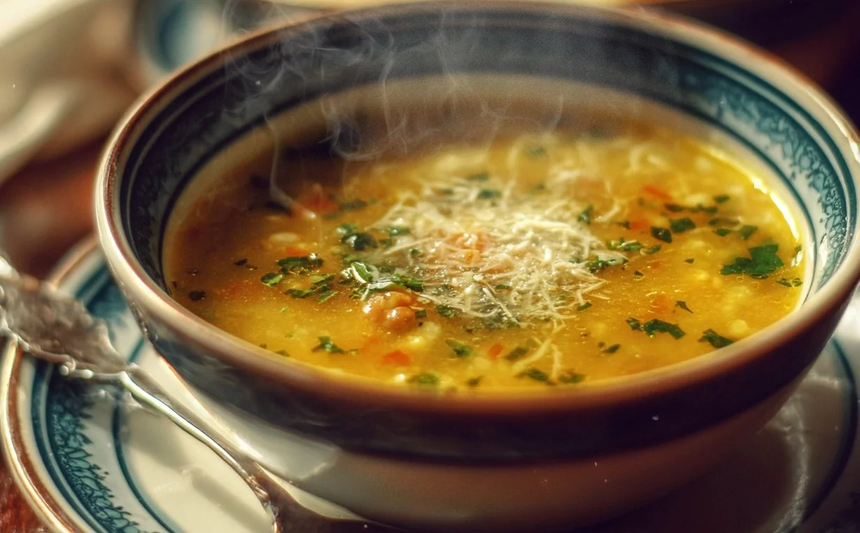Bowl of Italian Penicillin Soup with herbs and spices, showcasing vibrant colors.