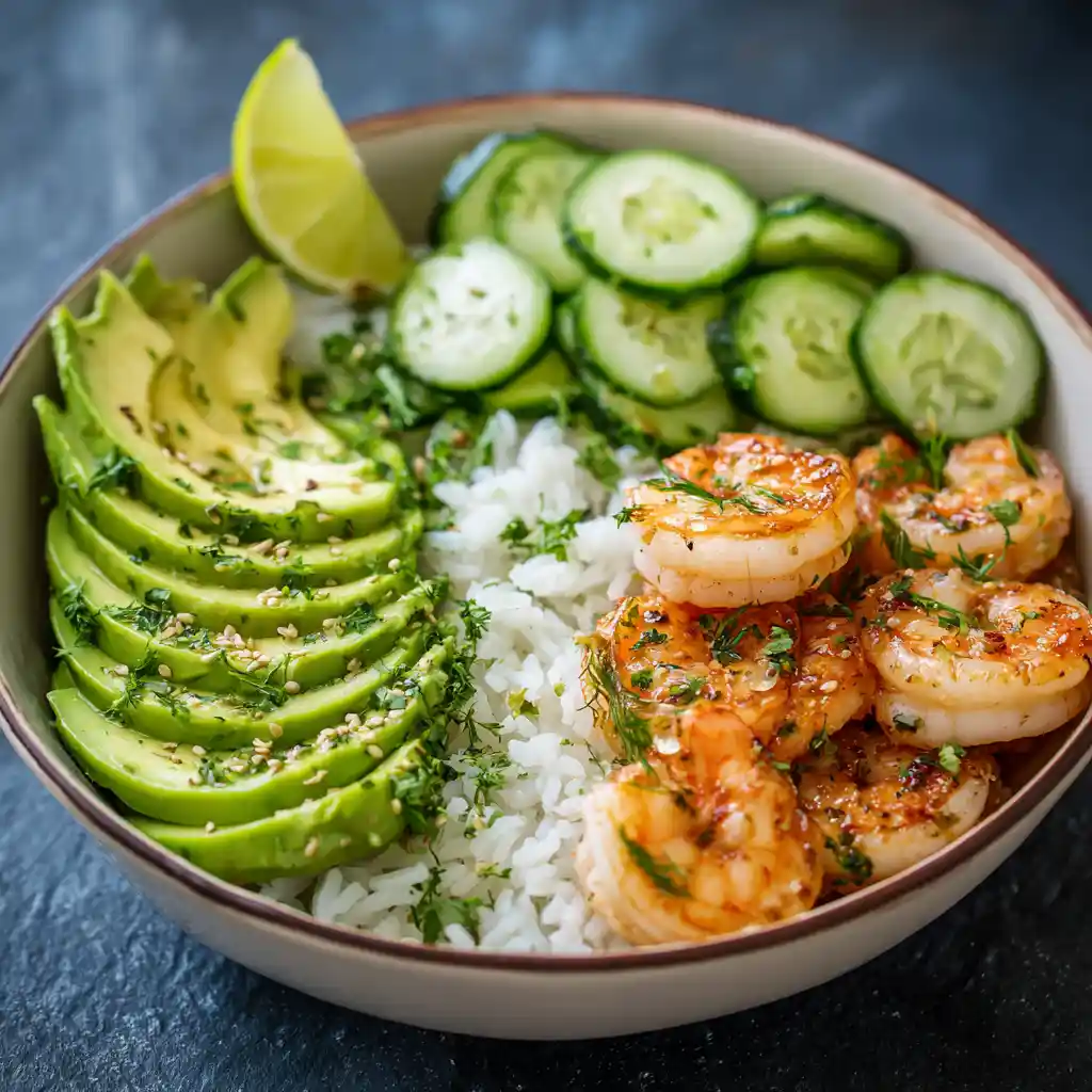 Full shrimp and avocado bowl with cucumber salad