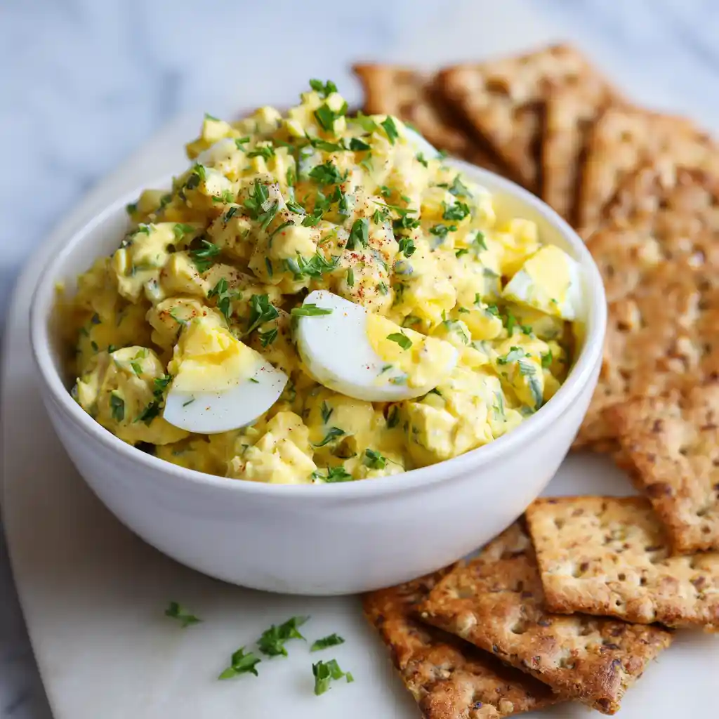 Egg salad with gluten-free crackers in rustic bowl