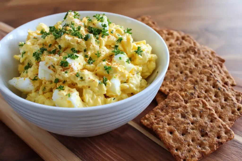 Delicious Egg Salad served with gluten-free crackers for a healthy lunch option.