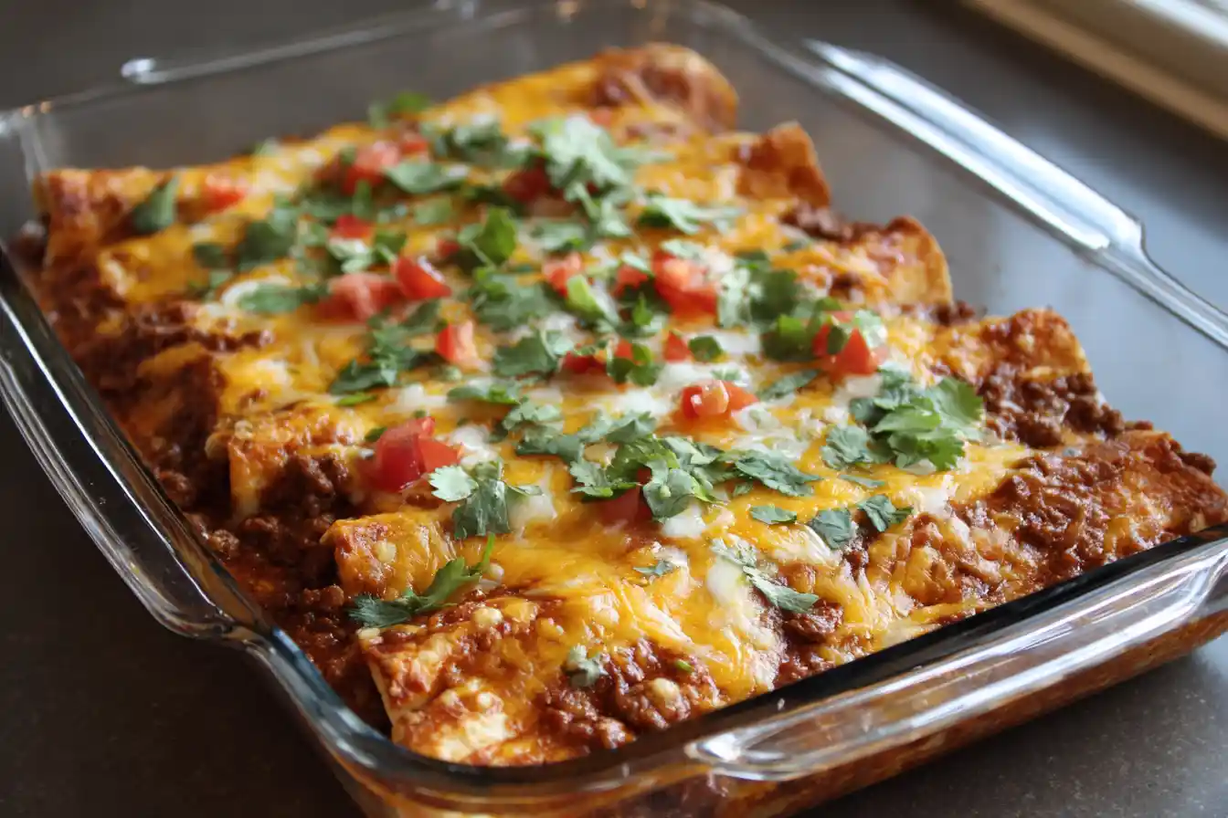 Delicious ground beef enchiladas topped with cheese and sauce