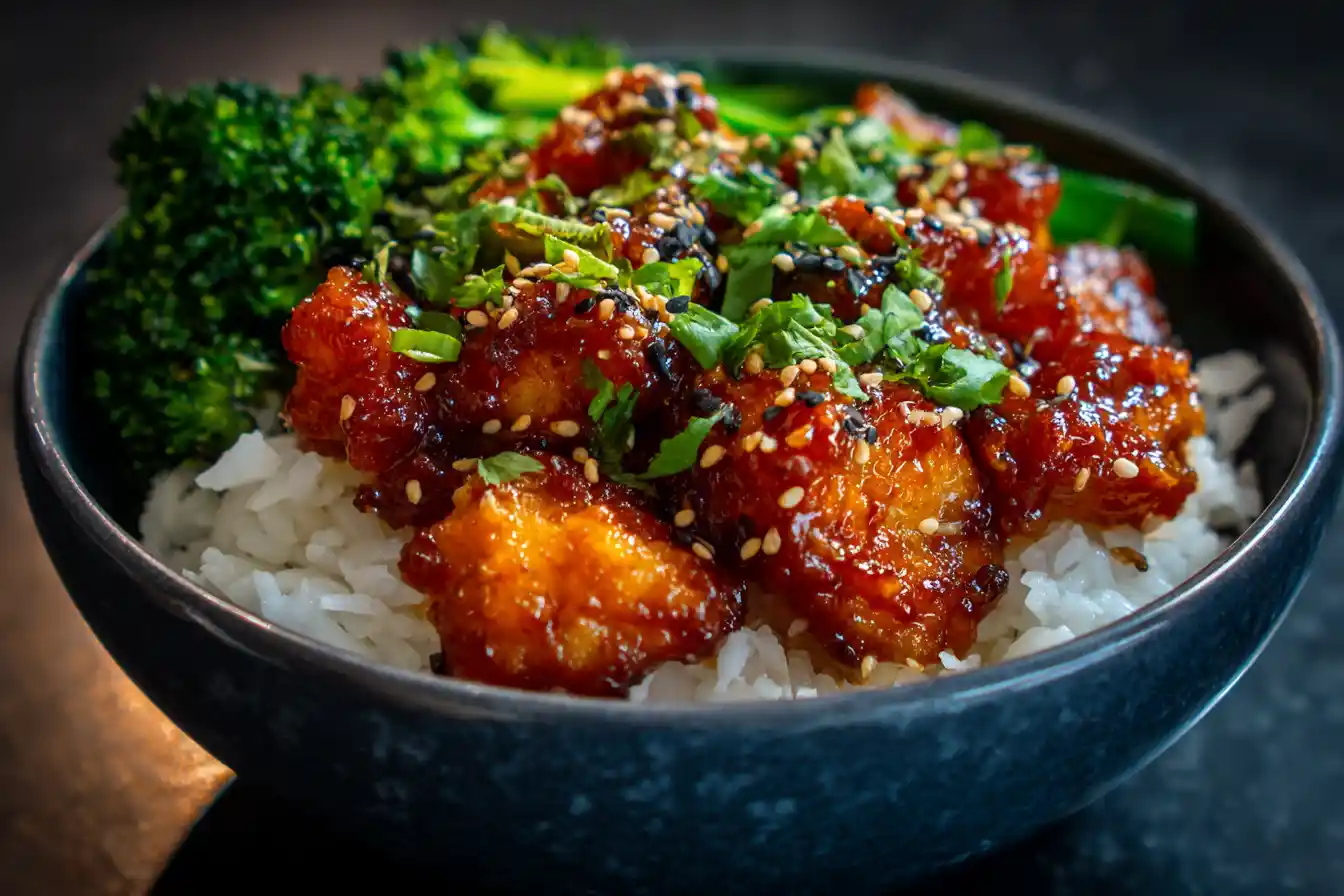 Delicious Hot Honey Chicken Bowl with tender chicken and honey glaze