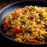 Delicious Ground Beef Orzo in a bowl, topped with herbs and spices