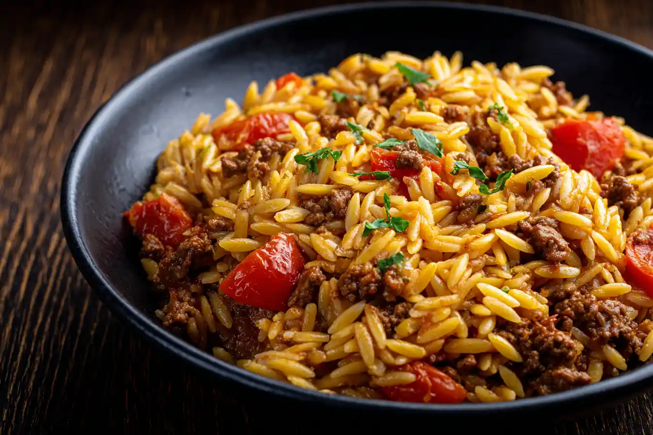 Delicious Ground Beef Orzo in a bowl, topped with herbs and spices