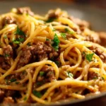 Delicious Garlic Butter Pasta with Ground Beef served in a bowl