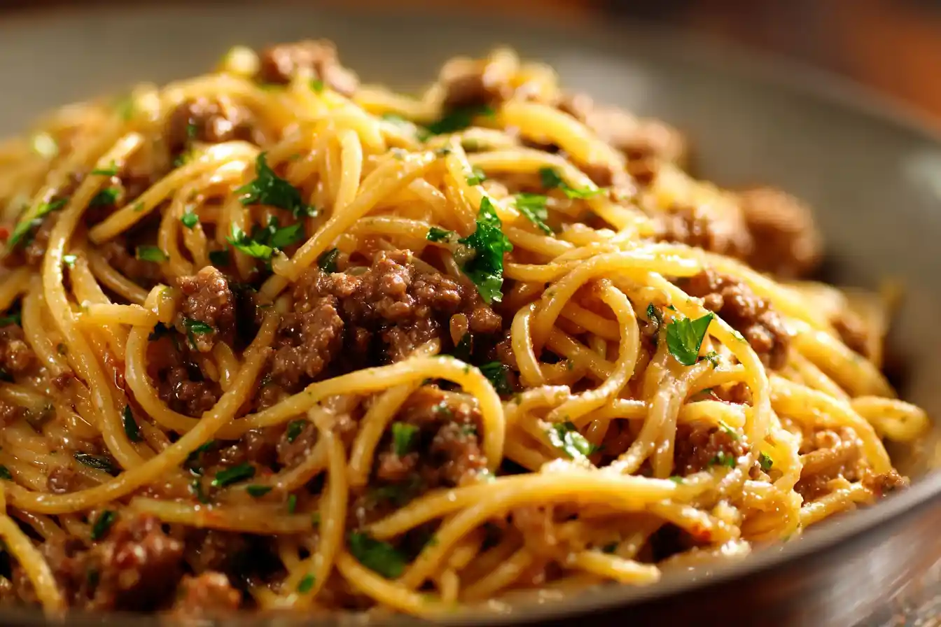 Delicious Garlic Butter Pasta with Ground Beef served in a bowl