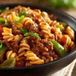 One Pot Beefaroni cooking in a large pot with pasta and ground beef