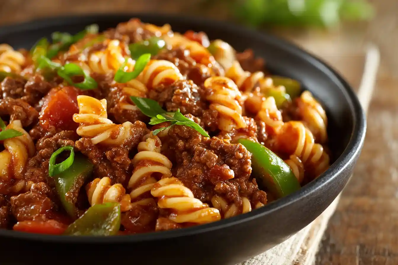 One Pot Beefaroni cooking in a large pot with pasta and ground beef