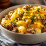 Cheesy Ground Beef and Potato Casserole served in a dish