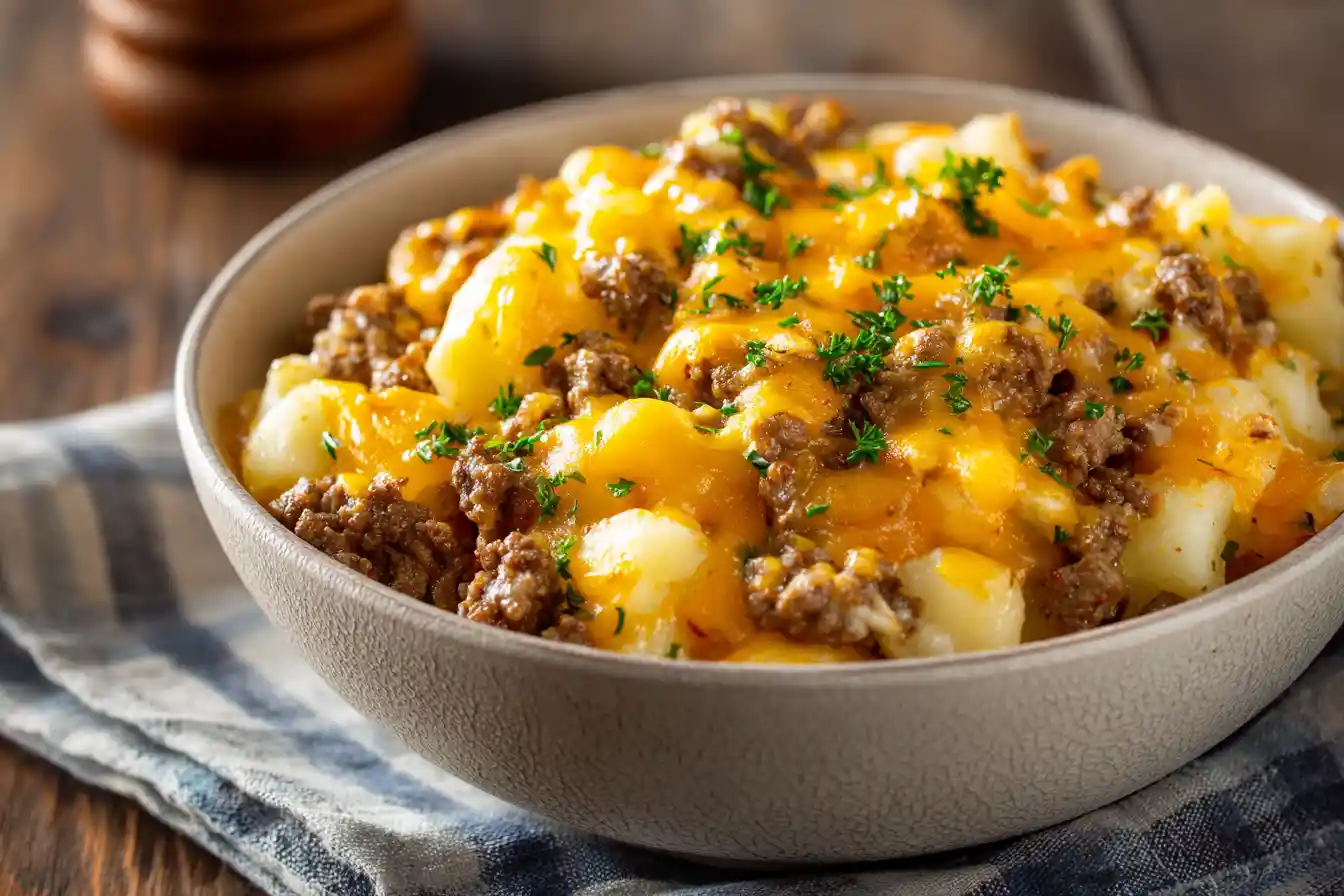 Cheesy Ground Beef and Potato Casserole served in a dish