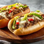 Delicious ground beef Philly cheesesteaks served with toppings in a toasted roll