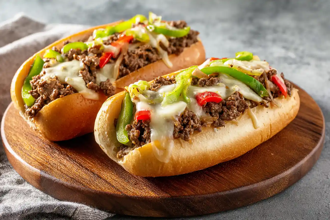 Delicious ground beef Philly cheesesteaks served with toppings in a toasted roll