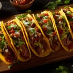 Plate of crispy ground beef tacos garnished with fresh toppings