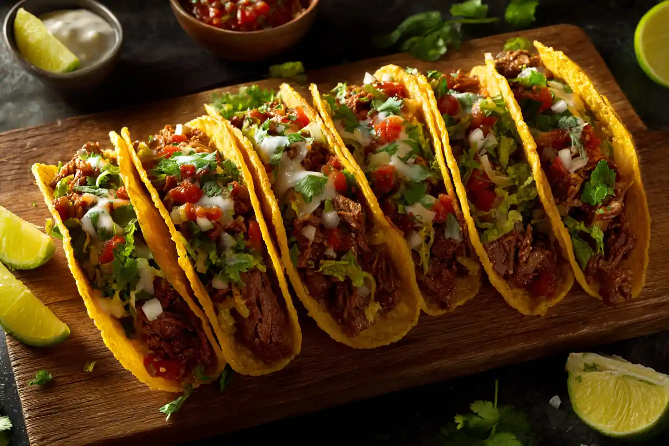 Plate of crispy ground beef tacos garnished with fresh toppings