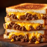 Cheesy beef melt sandwich with melted cheese and grilled beef