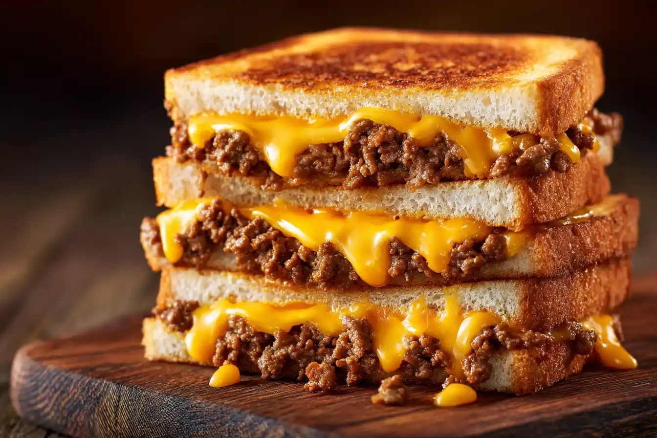 Cheesy beef melt sandwich with melted cheese and grilled beef