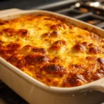 Top-down view of a baked cheesy ground beef rice casserole in a rectangular dish with golden-brown melted cheese