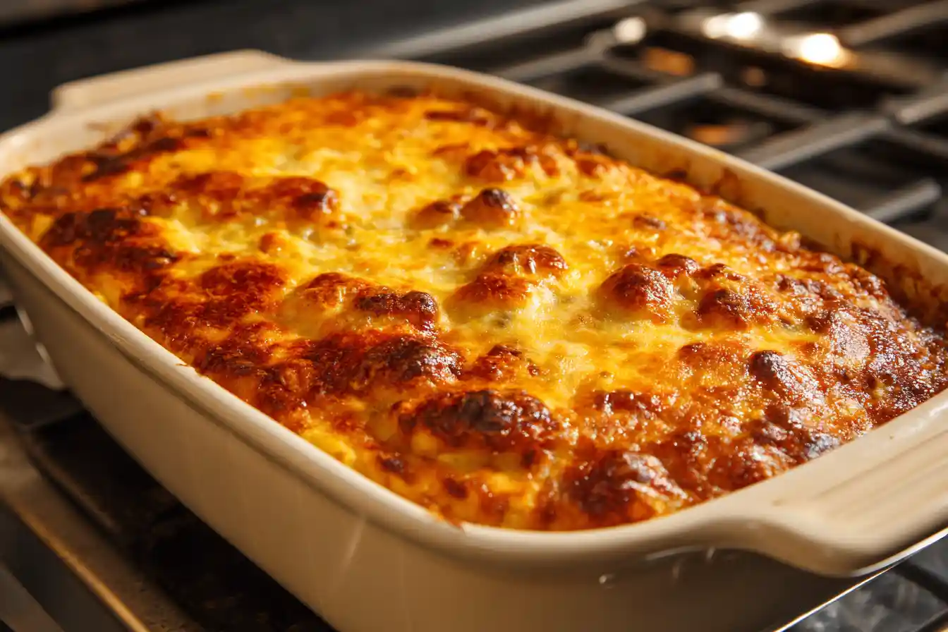 Top-down view of a baked cheesy ground beef rice casserole in a rectangular dish with golden-brown melted cheese