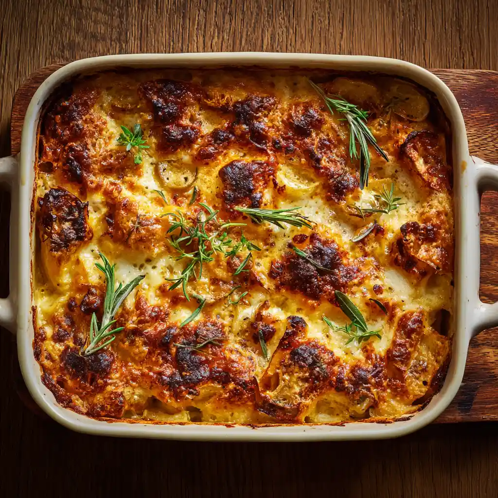 Top-down view of a baked cheesy ground beef rice casserole in a rectangular dish with golden-brown melted cheese.