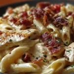 A delicious serving of Chicken Bacon Ranch Pasta with creamy sauce and toppings.