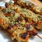 Ranch garlic parmesan chicken skewers on a plate with fresh herbs
