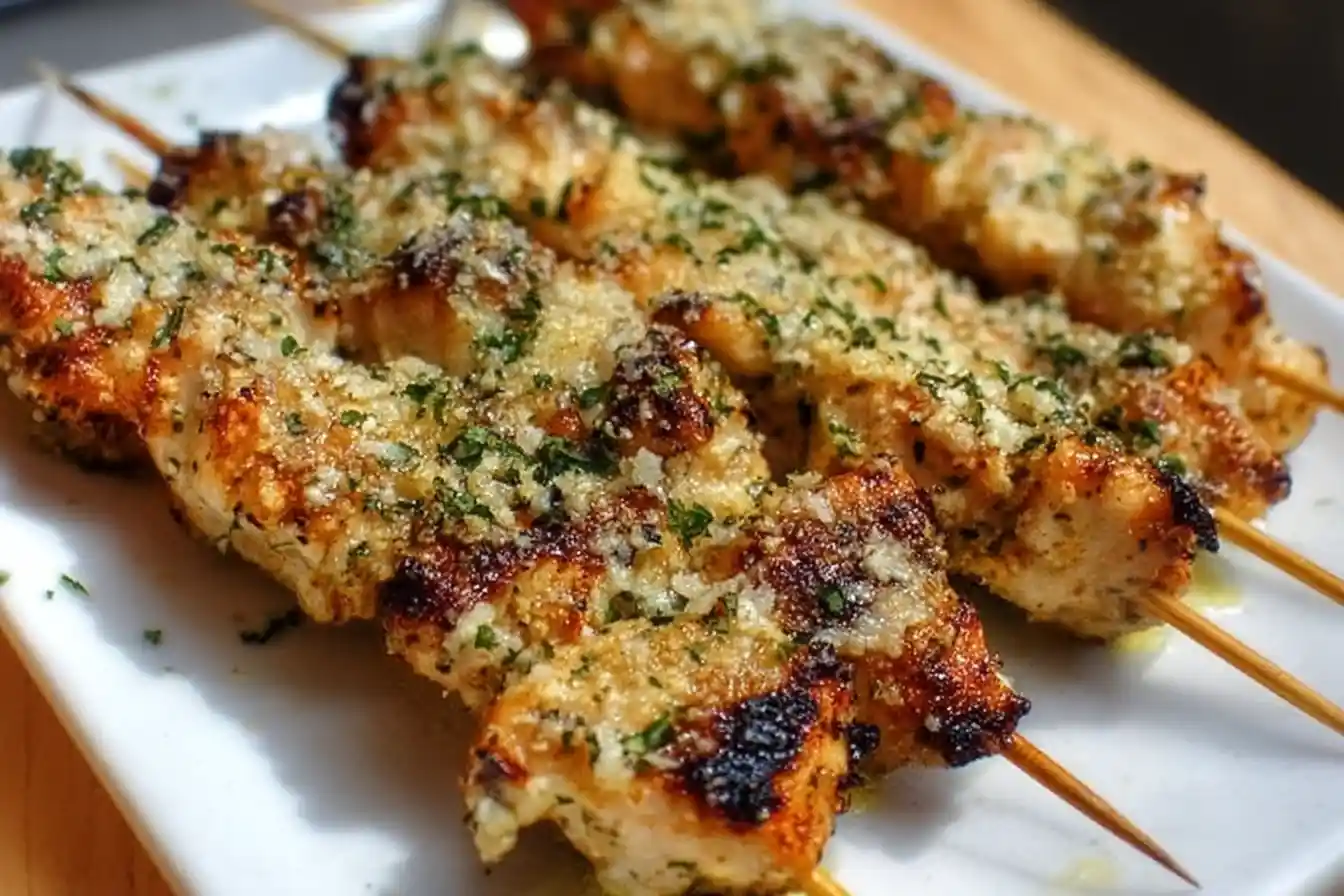 Ranch garlic parmesan chicken skewers on a plate with fresh herbs