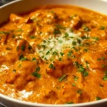 Delicious homemade butter chicken served in a bowl with naan and rice
