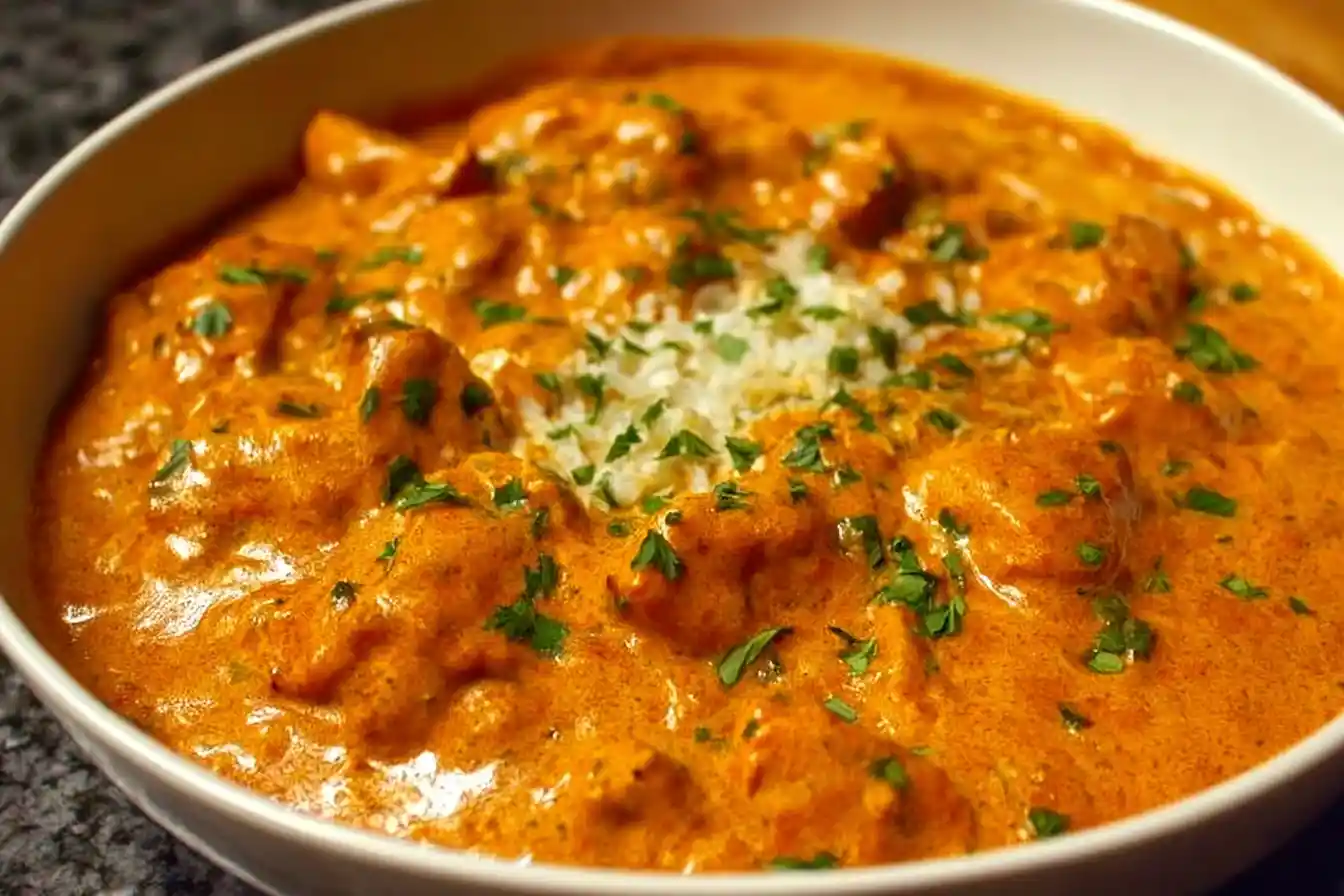 Delicious homemade butter chicken served in a bowl with naan and rice