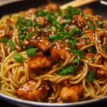 Delicious Sticky Garlic Chicken Noodles served in a bowl with chopped green onions.