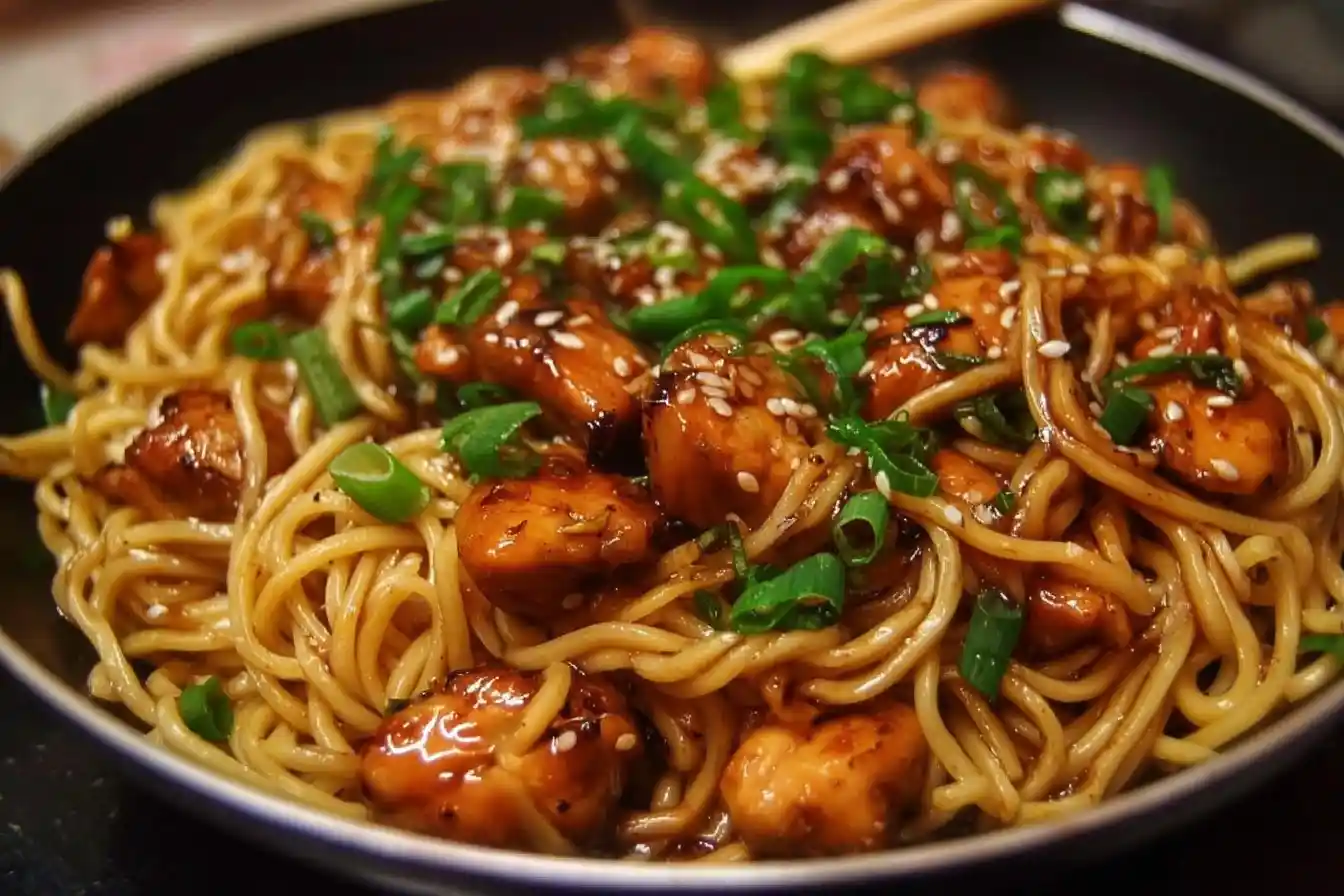 Delicious Sticky Garlic Chicken Noodles served in a bowl with chopped green onions.