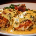 Texas Roadhouse Smothered Chicken topped with Jack cheese and served with sides.