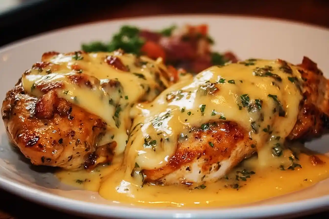 Texas Roadhouse Smothered Chicken topped with Jack cheese and served with sides.