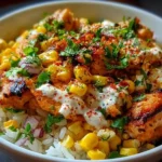 Delicious Easy Street Corn Chicken Rice Bowl topped with fresh ingredients