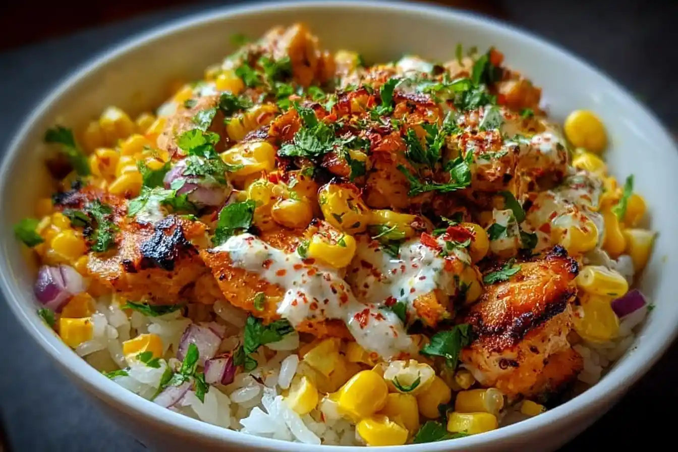 Delicious Easy Street Corn Chicken Rice Bowl topped with fresh ingredients