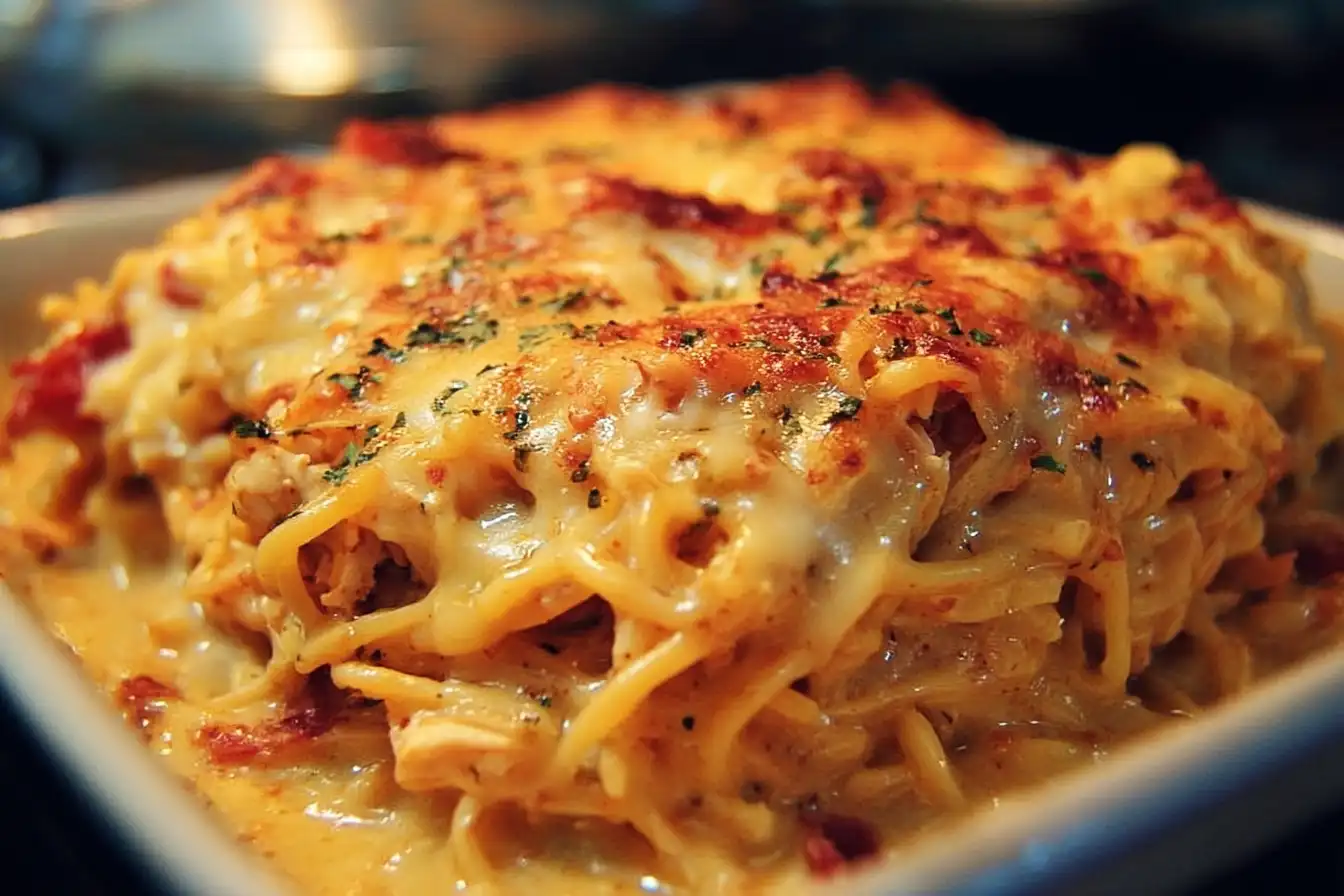 Spicy Southern Cheesy Chicken Spaghetti Casserole garnished with herbs