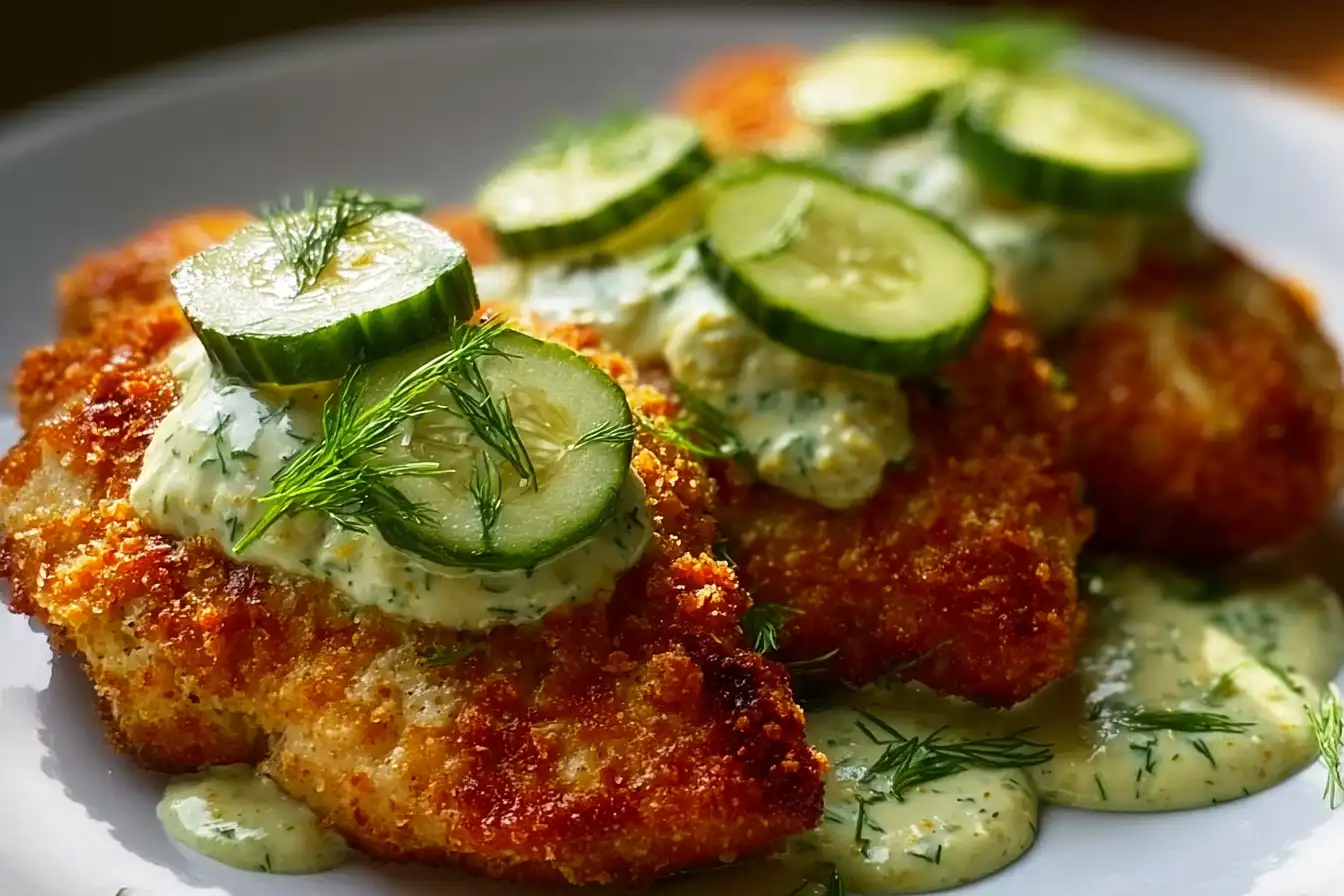 Crispy Dill Pickle Parmesan Chicken garnished with herbs
