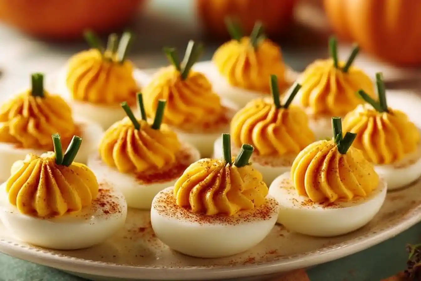Pumpkin Patch Deviled Eggs decorated for Halloween