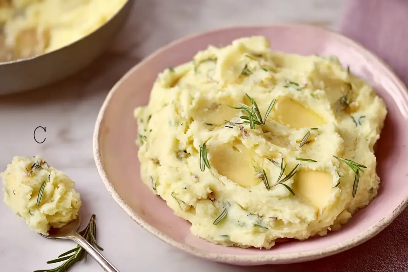 Creamy rosemary garlic mashed potatoes served with herbs