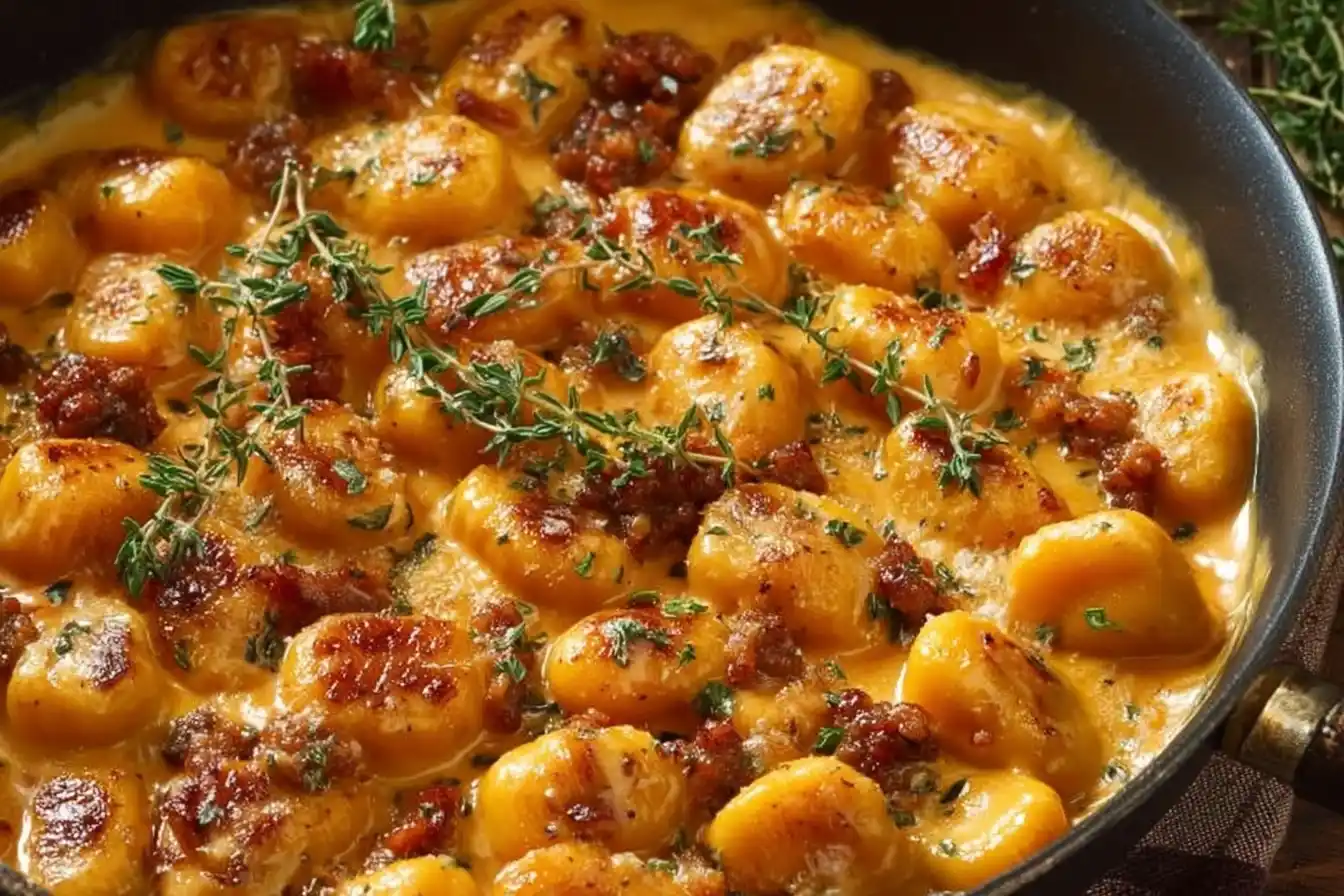 smooth butternut squash gnocchi dish served in a deep pan