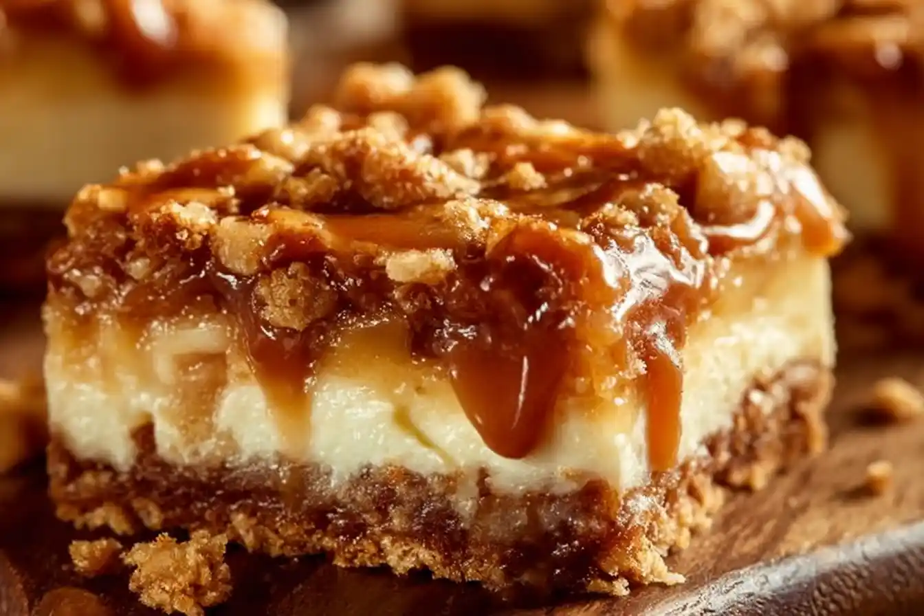 Delicious Caramel Apple Cheesecake Bars topped with caramel drizzle.
