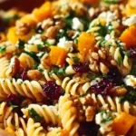 Colorful Fall Harvest Pasta Salad with seasonal vegetables and dressing