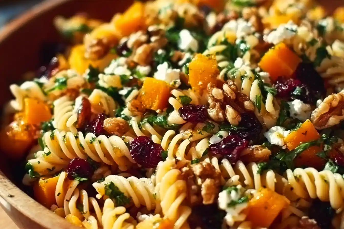 Colorful Fall Harvest Pasta Salad with seasonal vegetables and dressing