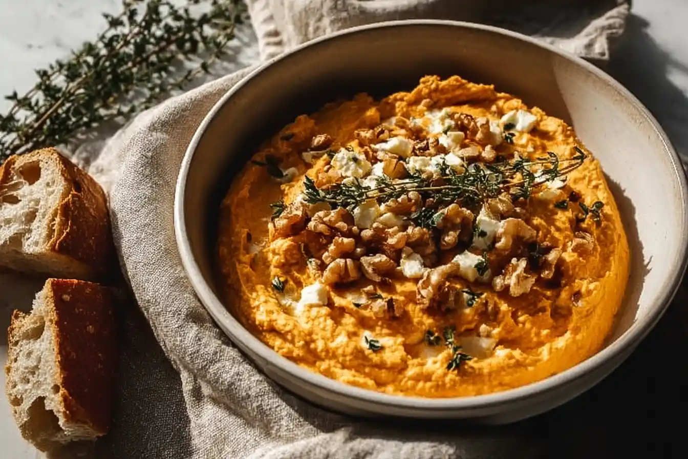 Creamy Pumpkin Whipped Feta Dip served in a bowl with crackers