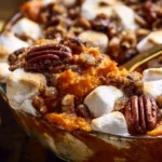 Southern Maple Sweet Potato Casserole topped with crunchy pecans and maple syrup