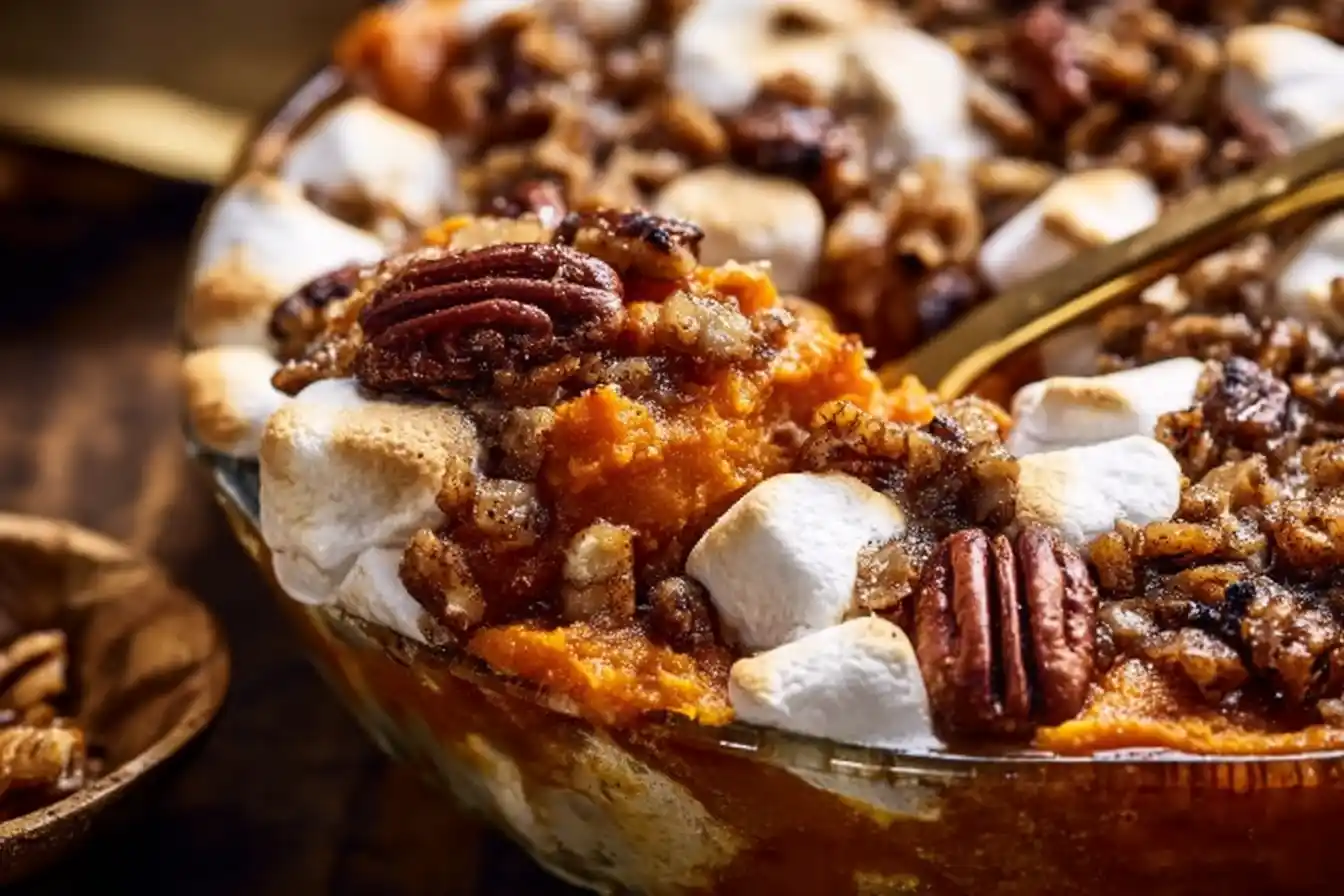 Southern Maple Sweet Potato Casserole topped with crunchy pecans and maple syrup